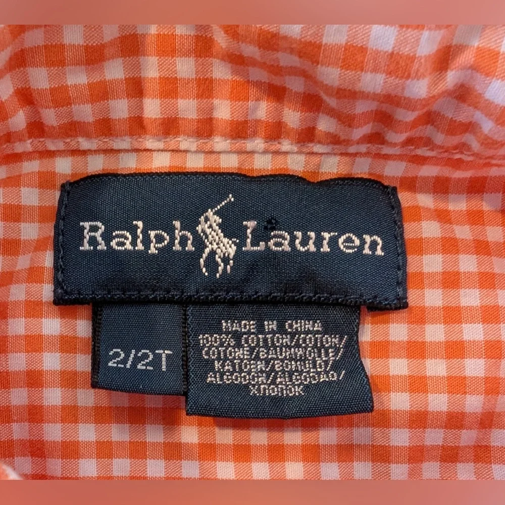 Ralph Lauren Boys Short Sleeve Button Down Top Orange White Gingham Size 2/2T